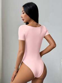Flirla Women's Solid Color Slim Fit Simplistic Square Neck Short Sleeve Bodysuit, Versatile For Daily Commute - Baby Pink - View 2