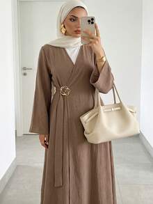 Veilorie Plus Size Women's Solid Color Long Sleeve Waist Metal Design Abaya - Coffee Brown - View 4