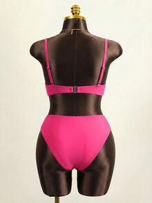Slaydiva Setelan Baju Renang Bikini Dua Potong Seksi Modis Warna Polos untuk Wanita Ukuran Plus di Pantai Musim Panas - Hot Pink - View 4
