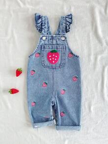 SHEIN Vintaside Kids 1件女嬰淺藍色牛仔連身褲 夏季休閒度假款 刺繡草莓肩帶吊帶褲 可愛嬰兒連身衣 水果造型 外出穿搭 - 藍色 - 查看 5