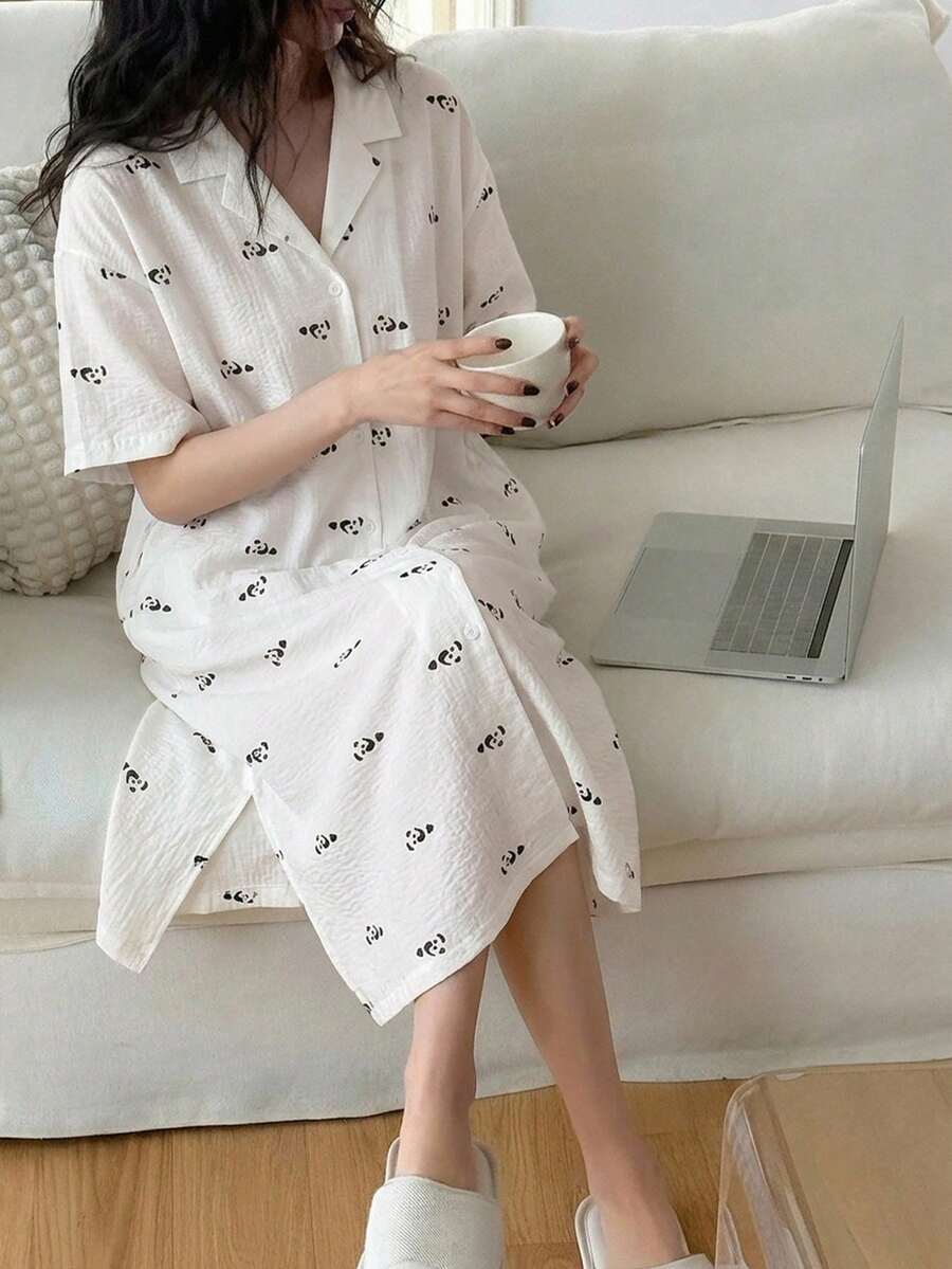 DAZY 夏季熊貓圖案滿版印花寬鬆短袖女款睡袍 - 白色 - 查看 1