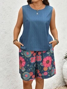 EMERY ROSE Conjunto de 2 piezas de top de tirantes casual y shorts estampados para mujer de talla grande - Multicolor - Ver 1