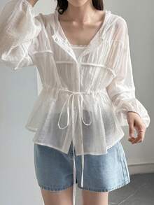 DAZY Solid Color Loose Drawstring Long Sleeve Casual Vacation Sun Protection Women's Shirt Summer School - White - View 7