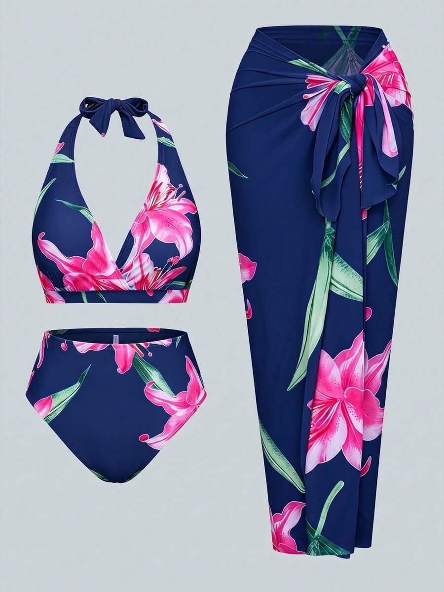 Swim Oasis 大尺碼女款 3 件組性感掛脖隨機數位印花海灘泳池休閒優雅泳裝套裝 - 藏蓝色 - 查看 1