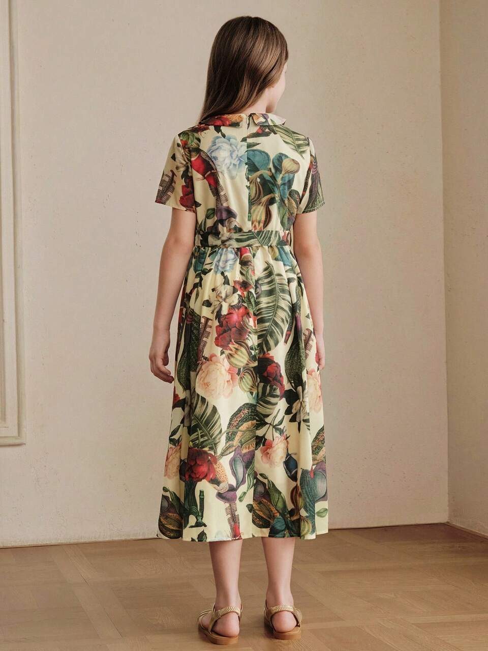 Girls' New Printed Short Sleeve Long Peter Pan Collar Dress