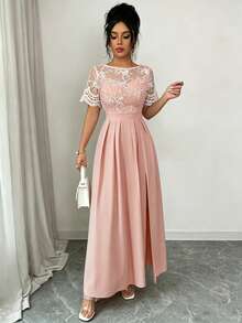 SHEIN Elenzya Women's Casual Short Sleeve Lace Patchwork Fitted Slit Dress - Pink - View 3