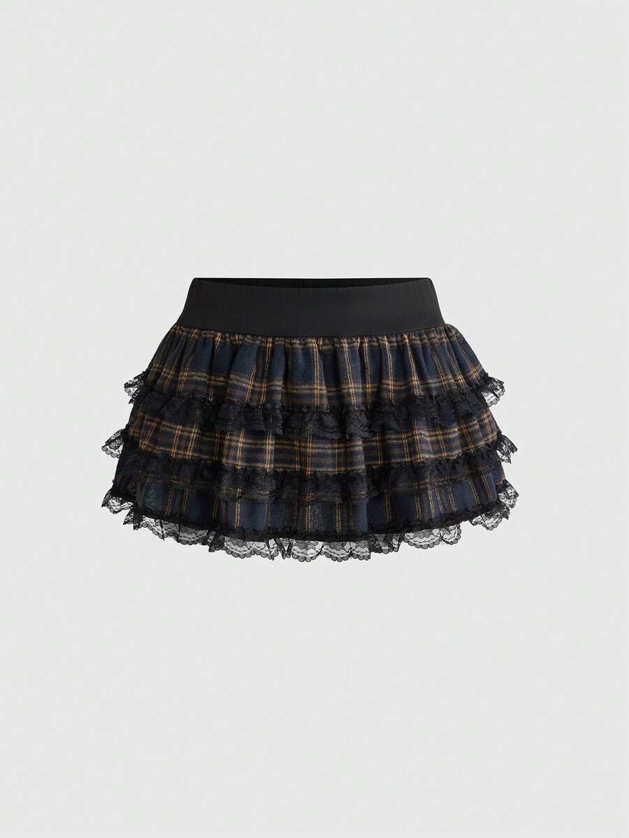 ROMWE J-Fashion Y2K 哥德學院風澀谷女孩風格大蝴蝶結低腰蕾絲飾邊層次格紋裙 女款萬聖節校園之夜深藍色冬季 - 彩色 - 查看 1
