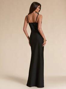 SHEIN BAE Spring/Summer Solid Black Satin Elegant Sexy Lace Patchwork Women's Extra Long Satin Dress Dinner Date - Black - View 2