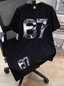 SHEIN 兒童 2 件組大童男孩數位印花 T 恤與短褲套裝 返校季 Y2K 風格 英文字母與數字 67 - 彩色 - 查看 8