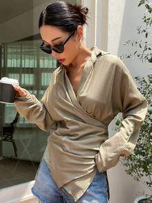 DAZY Blusa envolvente con manga de murciélago, bajo asimétrico y fruncido, manga larga, para otoño - Caqui - Ver 11