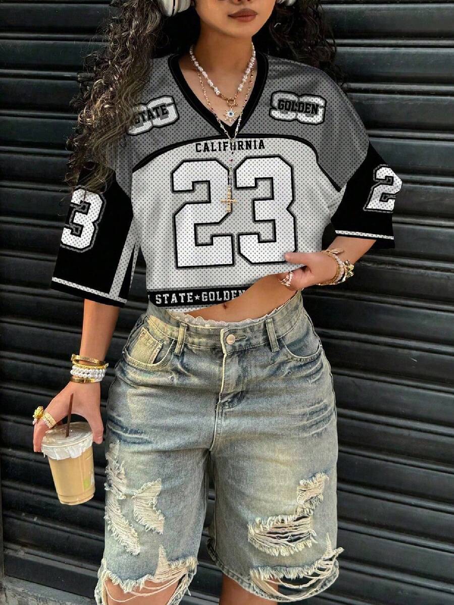 Slaydiva Women's Casual 23# Letter Pattern V-Neck Loose Short 5-Sleeve Mesh T-Shirt, Suitable For Summer And Sports Games Suitable For Going Out Chic