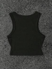 SHEIN 女式 Y2K 紫眼图形像素色块黑色短款运动背心，性感俱乐部服装，朋克街头风格，图形印花，哥特美学，休闲夏季上衣，露脐 T 恤 - 黑色 - 查看 2