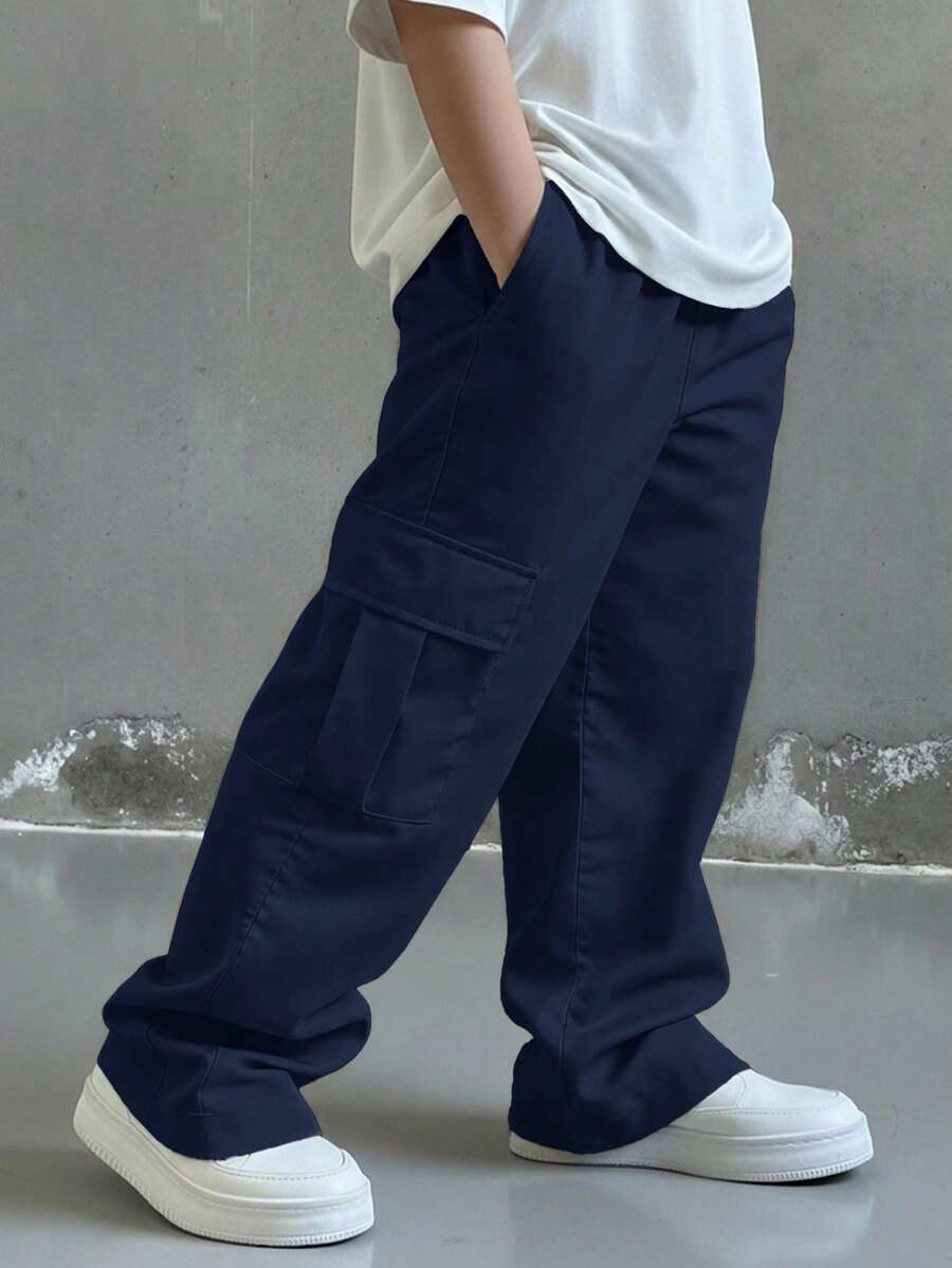 SHEIN Little Byeori 兒童青少年男孩休閒日常舒適工裝直筒寬鬆長褲,深皇家藍工裝褲,新年,六七歲,適合外出、約會、上學,春夏秋冬四季皆宜 - 藏蓝色 - 查看 1