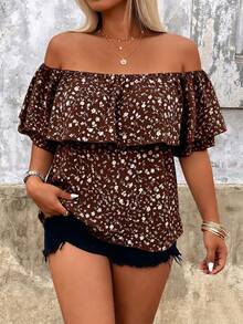 Breezaya Plus Size Women's Floral Ruffle Ruffle Blouse For Vacation Brunch Brown Summer Bohemian - Coffee Brown - View 3