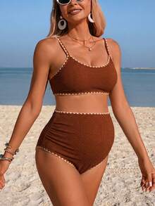 Swim Vcay 26SS Summer Beach Vacation Casual Black Dogtooth Contrast Color Maternity Swimwear Set - Brown - View 3