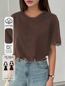 Livesso Petite Women's Summer Casual Solid Color Lace Patchwork T-Shirt, Petite Brunch Dark Brown - Brown - View 1