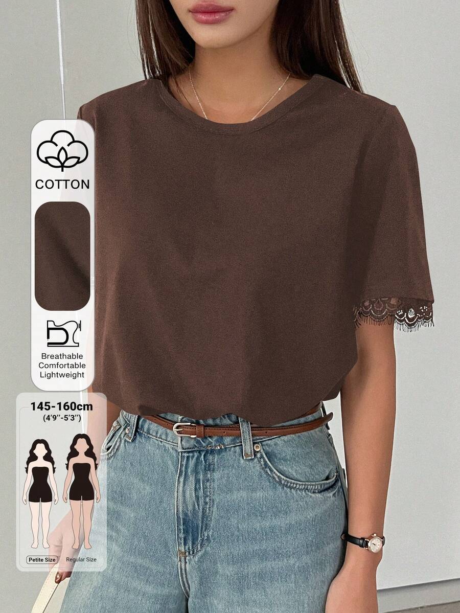 Livesso Petite Women's Summer Casual Solid Color Lace Patchwork T-Shirt, Petite Brunch Dark Brown - Brown - View 1