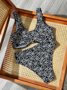 Swim Vcay 2件組女款夏季海灘泳衣，黑白提花針織面料，背心式比基尼泳褲，女士泳裝套裝 - 黑與白 - 查看 2