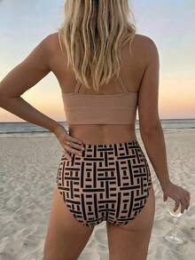 Vaclyn Vacation Beach Solid Color Halter Top Geometric Print Triangle Bottom Tankini Set - Multicolor - View 2