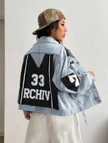 StreetHx Chaqueta vaquera de mujer con bloqueo de color y bordado de letras - Multicolor - Ver 2