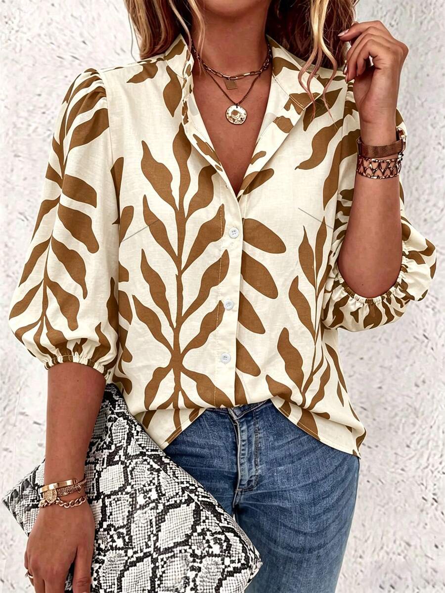 EMERY ROSE Floral Single Button Casual Daily Mid-Sleeve Shirt For New Year Clothes - Brown - View 1