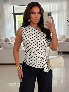 Structelle Women's White And Black Polka Dot Asymmetric Neckline Side Drawstring Ruched Fashion Top Brunch Date Summer French Elegant - Multicolor - View 6