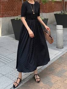 FRIFUL 女款圓領短袖波點印花休閒長洋裝 夏季 - 黑色 - 查看 3