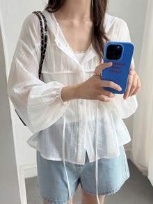 DAZY Solid Color Loose Drawstring Long Sleeve Casual Vacation Sun Protection Women's Shirt Summer School - White - View 3