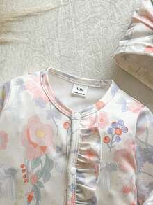 SHEIN Vintaside Kids 秋冬新生兒蝴蝶結復古花卉印花可愛嬰兒連身衣+帽子 - 淺粉色 - 查看 6