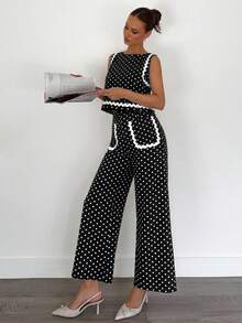 Siren Gaze Women's 2 Pieces Set, Contrast Trim Top And Solid Color Casual Elegant Loose Pants, Daily Casual Office Work Commute Outfit, Black And White Polka Dot - Black - View 4