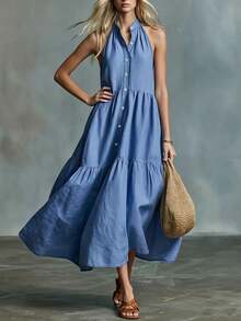 SHEIN Holidaya French Niche Halter Neck Stand Collar Single-Breasted Solid Dusty Blue Dress For Women, Lazy Loose Fit Tummy-Covering Korean Casual Beach - Blue - View 7