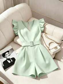 SHEIN Clasi Women's New Woven Black V-Neck Flutter Sleeve Metal Button Waist Cinched Casual Commute Jumpsuit - Green - View 6
