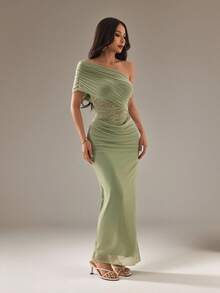 SHEIN PETITE Elegant Sage Green Summer Seductive Party Dress, Mesh Lace Patchwork See-Through Waist One Shoulder Ruffle Slim Fit Wedding Guest Beach Holiday ,Petite Women - Green - View 5