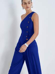 Aveloria Modichic Desain Asimetris Satu Bahu, Elemen Kancing Dekoratif, Celana Panjang Lebar Lurus Pinggang Tinggi, Potongan Slim Fit, Kain Poliester Nyaman. Kata Kunci Populer: Set Ukuran Standar, Tank Top Satu Bahu, Celana Panjang Lebar, Detail Kancing, Pakaian Kantor, Gaya Mewah, Potongan Slim Fit, Koleksi Musim Panas Terbaru, Kustomisasi Kelas Atas. Set Dua Potong Wanita untuk Perjalanan & Kencan - Royal Blue - View 6