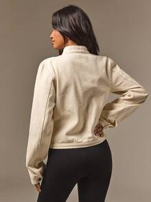 Athîral Denim 女款奶油色長袖休閒牛仔夾克，復古休閒雙排扣拿破崙風夾克，秋冬夾克，軍裝風，酷女孩 - 白色 - 查看 4