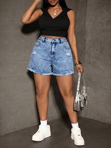 SHEIN PETITE CURVE 女款大尺碼藍色牛仔破洞短褲 - 淺色水洗藍 - 查看 2