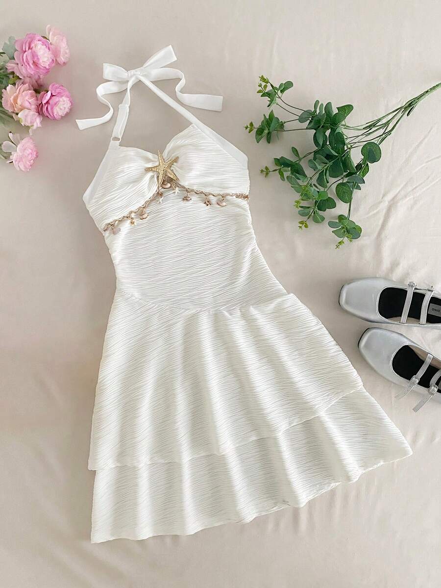SHEIN Vestido de cuello halter con decoración de estrella de mar metálica para niña preadolescente
