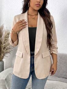 SHEIN LUNE Plus Size Solid Color Shawl Neck Mid-Length Sleeve Faux Pocket Minimalist Casual Blazer In Fall/Winter - Apricot - View 7