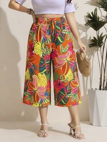 Comfylo Pantalones de pierna ancha con cintura de cordón y estampado de plantas tropicales florales talla grande 7/10 - Multicolor - Ver 4
