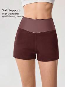 OutZeal Gym Shorts Women Sports Shorts Solid Color Yoga Casual Fitness Soft Model Ribbed High Waist Active Bottoms Summer Spring - Brown - View 2