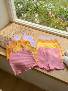 SHEIN Kids Young Girl Solid Color Ribbed Camisole And Shorts Set Orange Summer Pcs - Multicolor - View 4