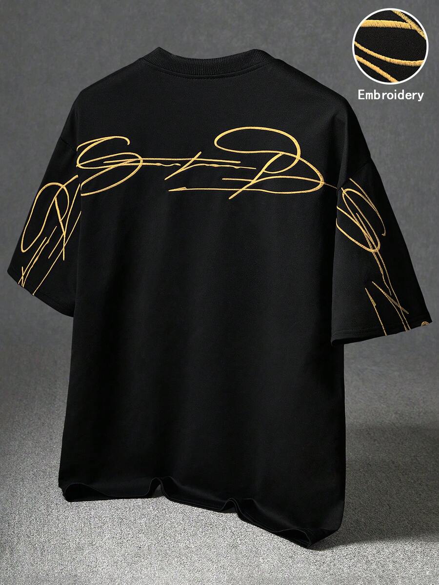 Manfinity Roghcode 男士街頭風熱銷 Freedom 簽名字體 3D 刺繡 T-shirt,適合戶外音樂祭、日常穿著、好友聚會,男友/丈夫禮物、週年紀念禮物,黑色 - 黑色 - 查看 1