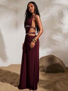 Opulessa Spring/Summer Vacation Solid Color Knit Mesh Hollow Out Halter Backless Dress For Women - Burgundy - View 6