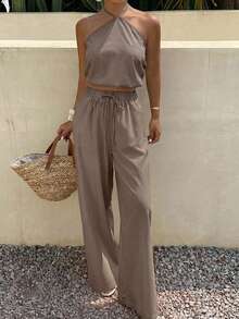 Livesso Spring/Summer White Halter Neck Tank Top & Straight Leg Casual Pants 2 Pieces Set, Elegant For Wedding, Vacation, Beach, Commute, Women - Olive Green - View 3