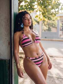 Swim Mod Plus Size Striped Swimsuit Set For Vacation And Beach - Hot Pink - View 4