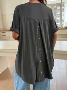 Dazy Maternity Solid Color Patchwork Back Button Design Front Short Back Long Spring Summer Short Sleeve Maternity T-Shirt - Dark Grey - View 9