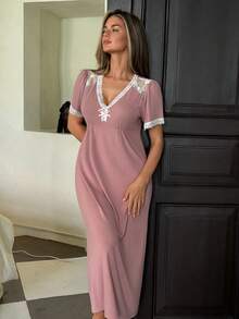 Livesso Camisón de mujer con bloques de color y patchwork de encaje, manga corta, pijama de verano - Café integral - Ver 1