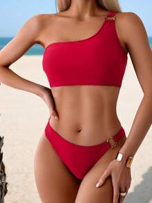 SHEIN Swim 女士纯色泳装套装，适合度假和海滩穿着 - 紅色 - 查看 3