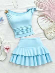 SHEIN Sparklyn 青少年女孩度假休閒純色背心與裙子套裝 - 藍色 - 查看 7