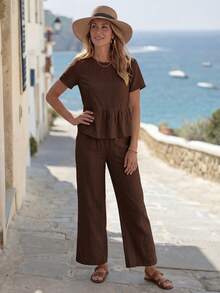 EMERY ROSE Women's Solid Color Short Sleeve Ruffle Hem Blouse And Pants Elegant Casual Set - Brown - View 4